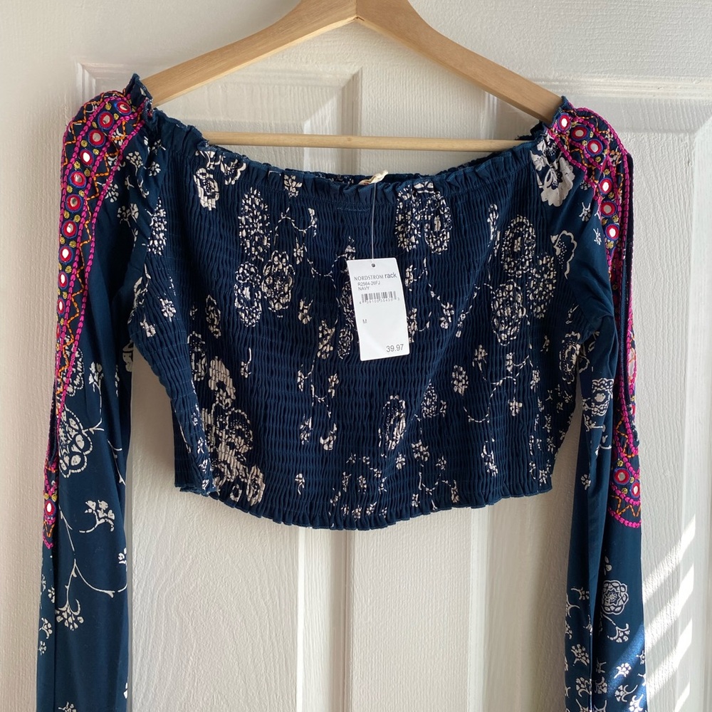 Raga Boho Crop Top Floral Embroidered Flared Sleeves